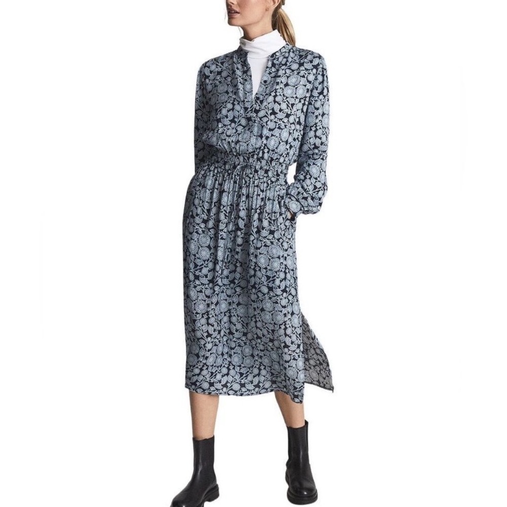 Reiss Trina Floral Printed Midi Dress Navy Blue Smocked Waist Size 6 US 10 UK